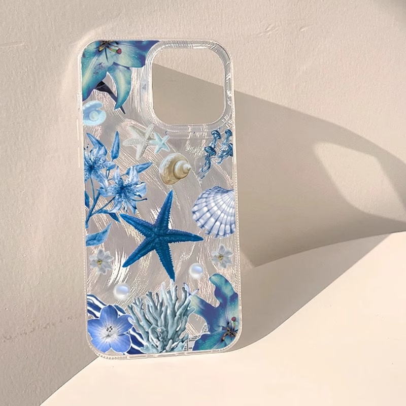 Image of Phone Case: 1pc 2d Pattern Blue Large-hole Feather Yarn Imd Phone Case, Suitable For Iphone 17/16/15/14/13/12/11 Pro Max/x/xs/xr/8/7 Plus