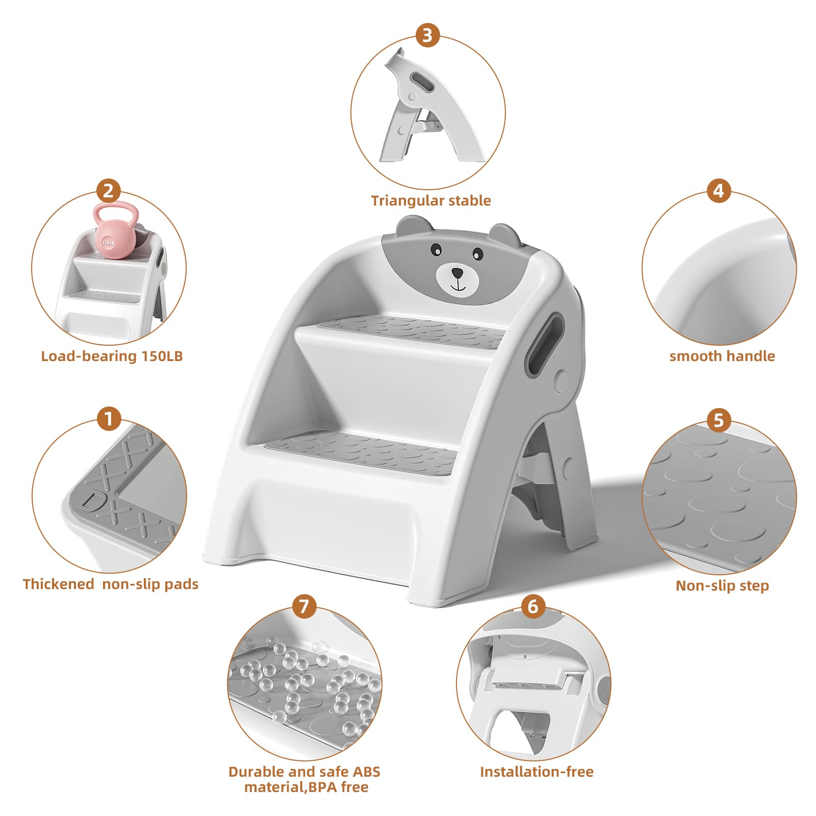 Toddler Step Stool, Foldable 2-Step Kids Stool with Non-Slip Design And Handle, Multipurpose Step Stool for Bathroom Sink, Kitchen, Bedroom, Counter