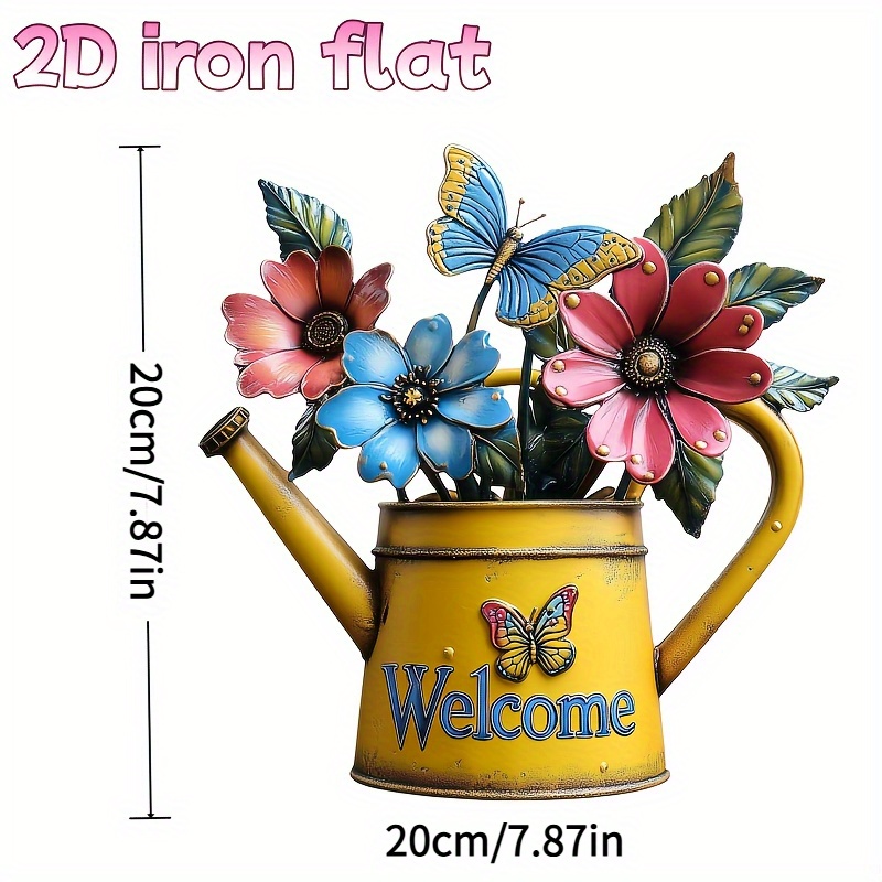 E-shop 2D Flache Acryl Blumen- und Schmetterling Gießkanne Wanddeko - Flachbedruckte Acryl Outdoor Dekoration, Geeignet für Veranda, Hof,