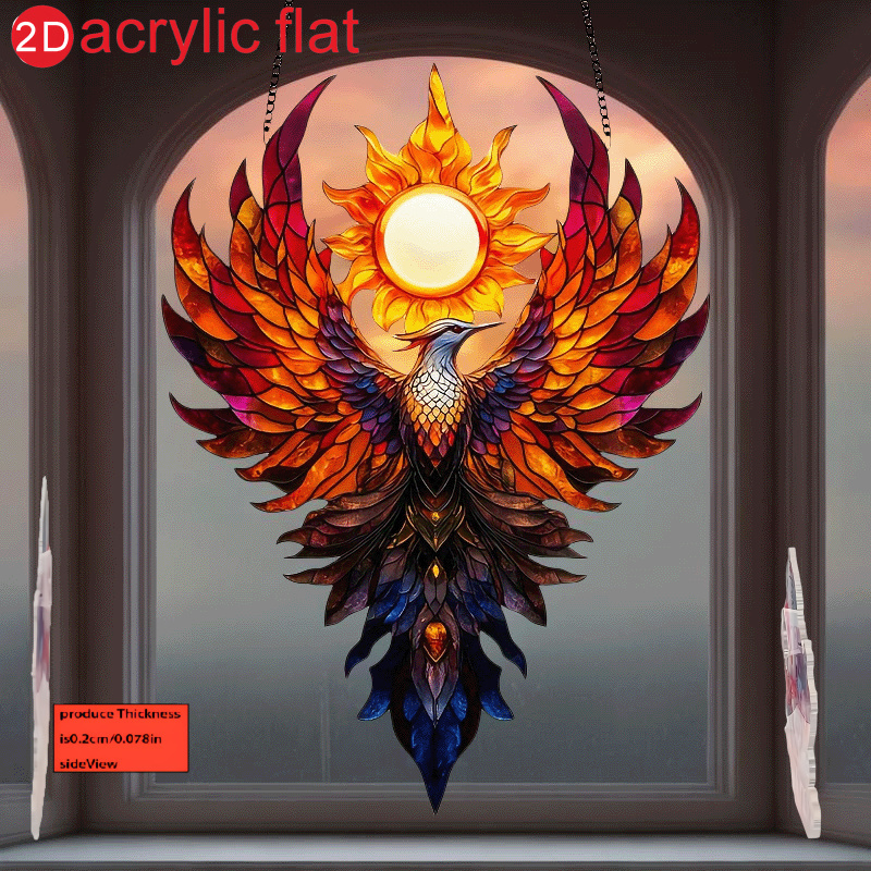 TEMU 2d Flat, 2d Flat - 1pc Featuring , Phoenix, And Cat Pattern, Acrylic Suncatcher With A 2d Flat Design Resembling A Painted Style. This Hanging