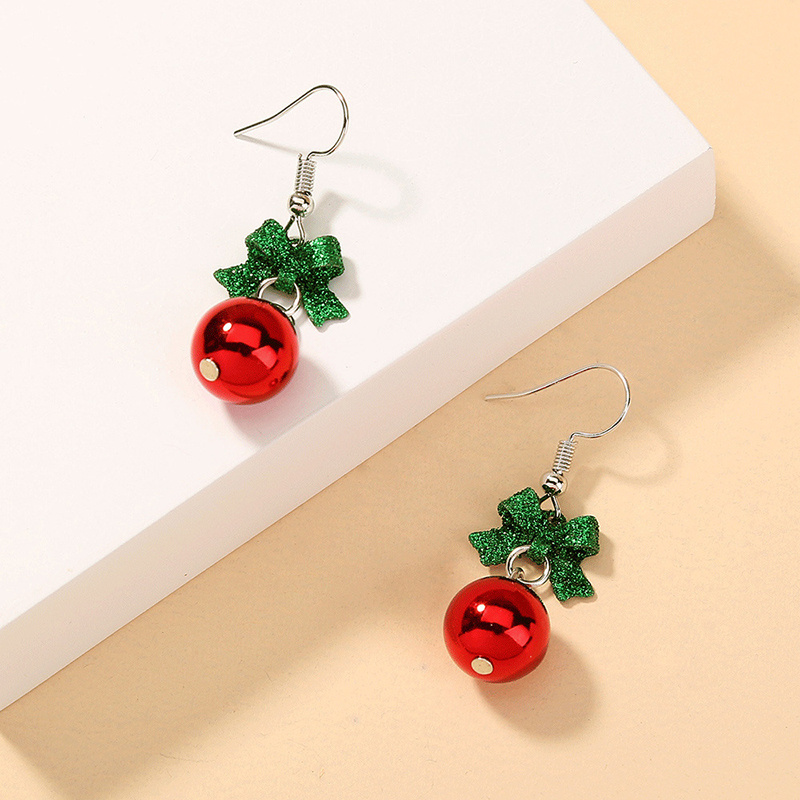 Long Green Bow Red Circle Earrings, Christmas Ornament Gift