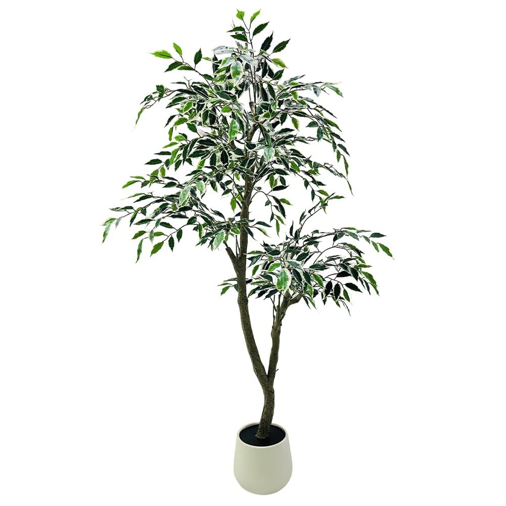 Image of 5-foot Artificial Tree Featuring Realistic Variegated Foliage, Wood Trunk, And A White Planter - Ideal For Decorating Homes Or Offices Indoors And Outdoors, Measuring 150 Cm