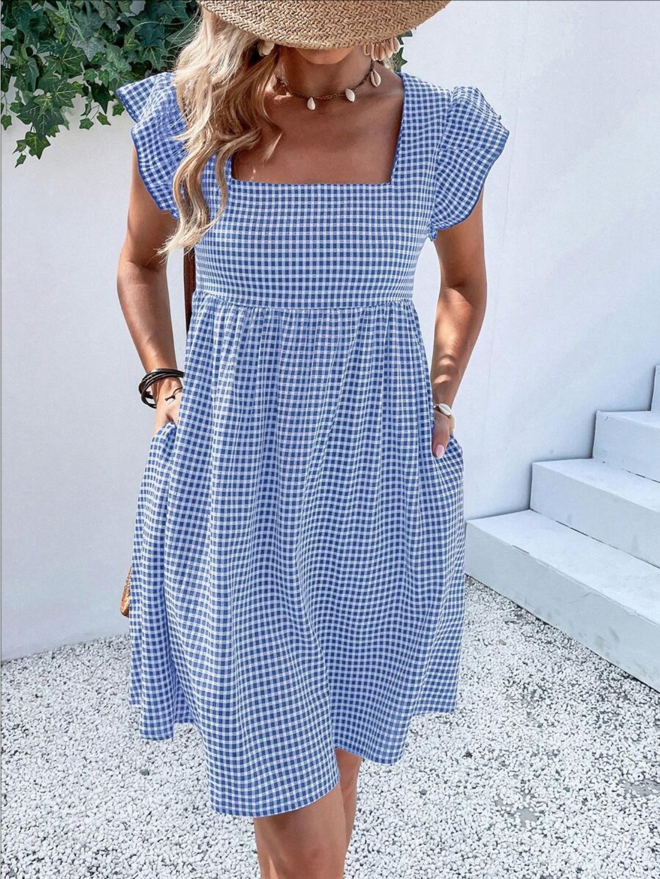 marilyn monroe blue dress movie Berrylush Women Navy Blue & Red Striped Pattern Square Neck Fit & Flar main image 1