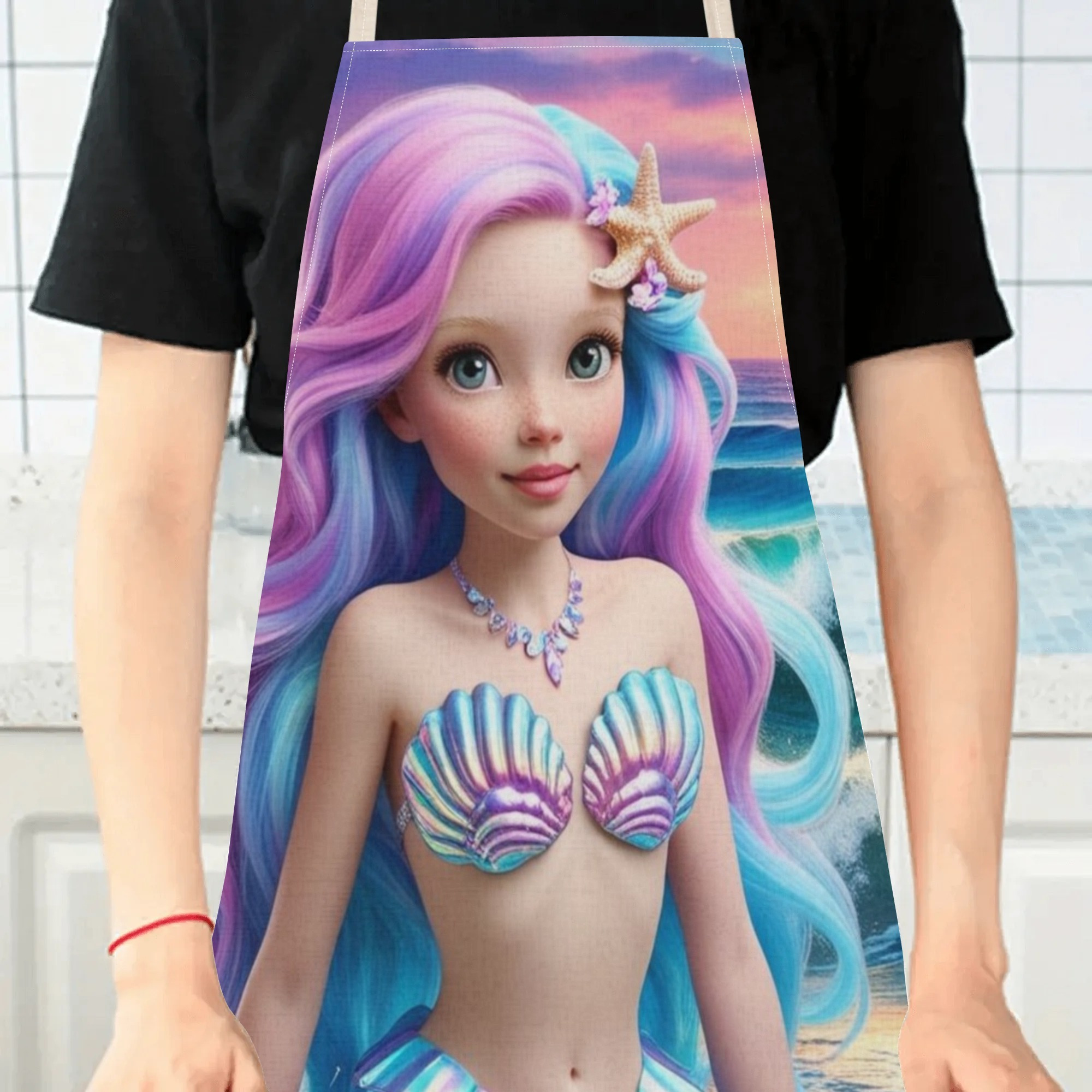 disney for ariel princess waterproof apron - vibrant, fashion-  design with mermaid cartoon pattern, ideal for hotels, supermarkets, restaurants, fruit shops, and milk tea stands,   polyester,  , disney details 3