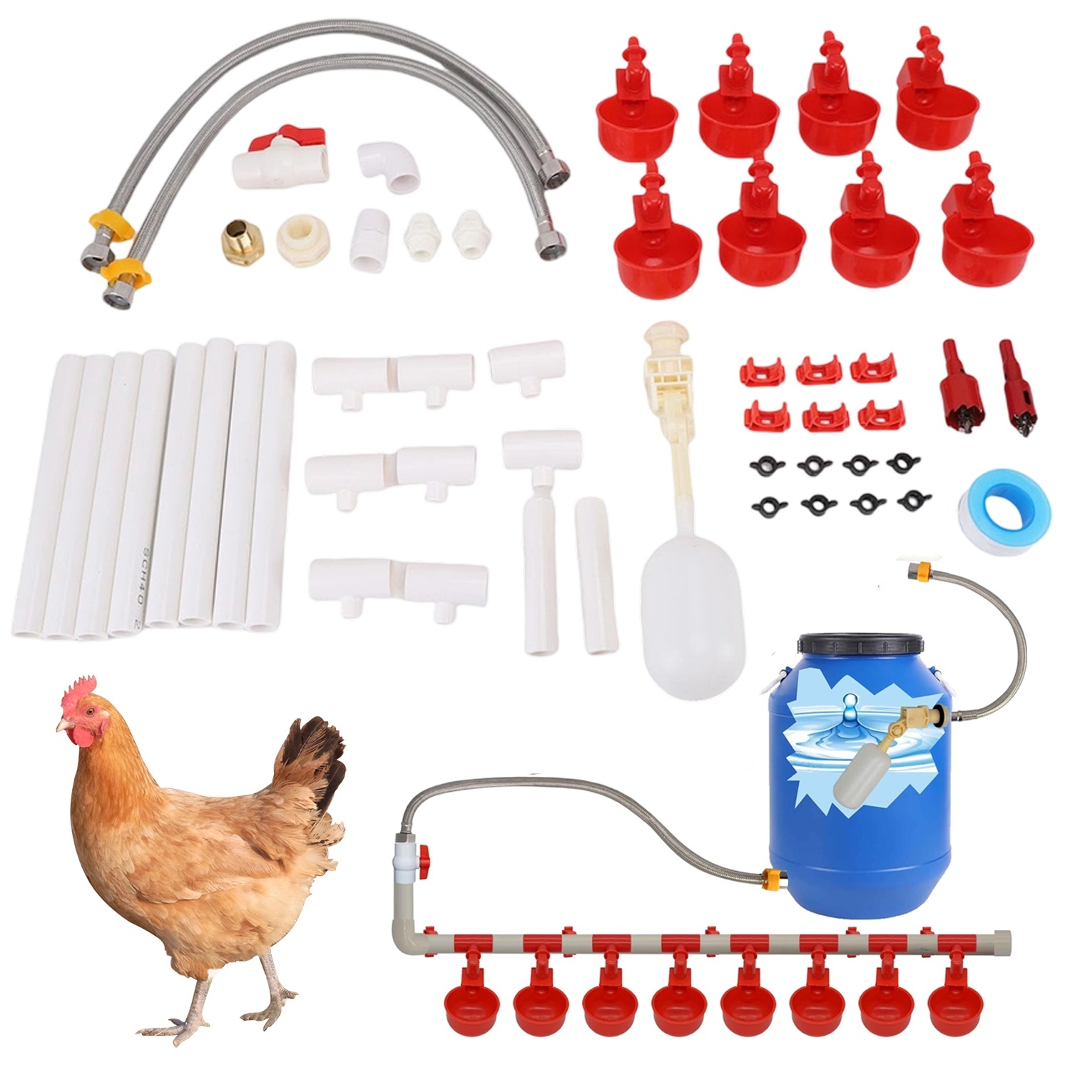 Image of 47pcs Automatic Poultry Watering Kit With Float Valve, Leak-proof Design For Chickens, Ducks, Geese, Turkeys, Rabbits And Birds - Gravity Feed System, Includes Cups, Tubes And Installation Additions