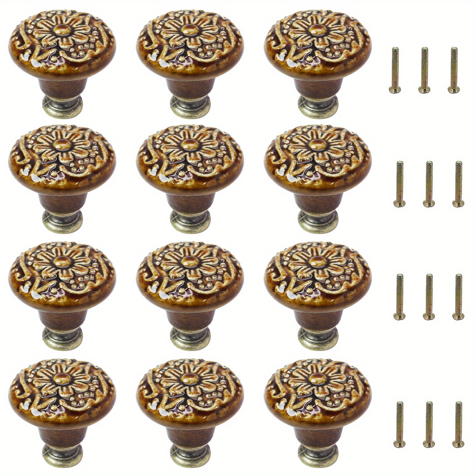 brown knobs for dresser Antique Brass Cabinet Knobs Carved Round Drawer Knobs Retro Kitchen Hardware main image 0