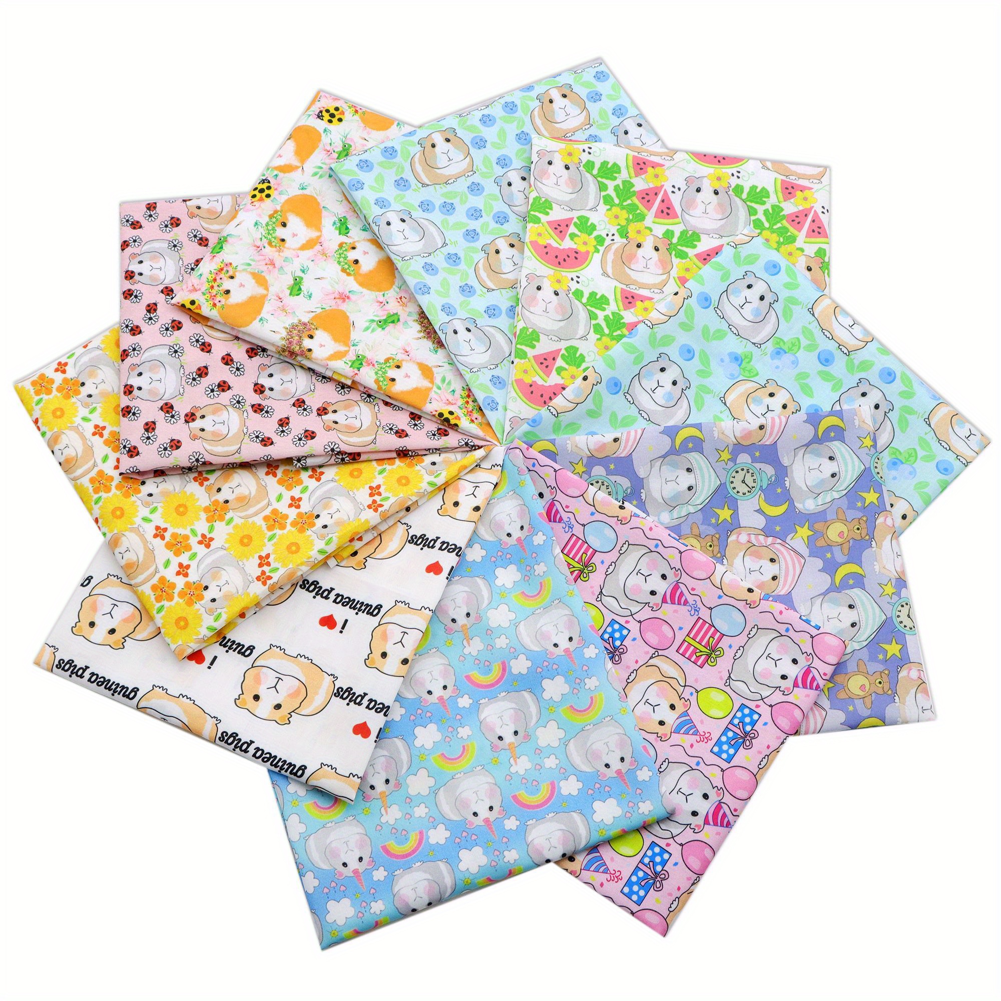 Image of 10pcs Guinea Pig & Mouse Series Precut Quilting Fabric Bundle - 7.87x7.87 Inch Fat Quarters, Colorful Polyester Squares With Whimsical Animal Designs For Diy Crafts, , And Wallet Making