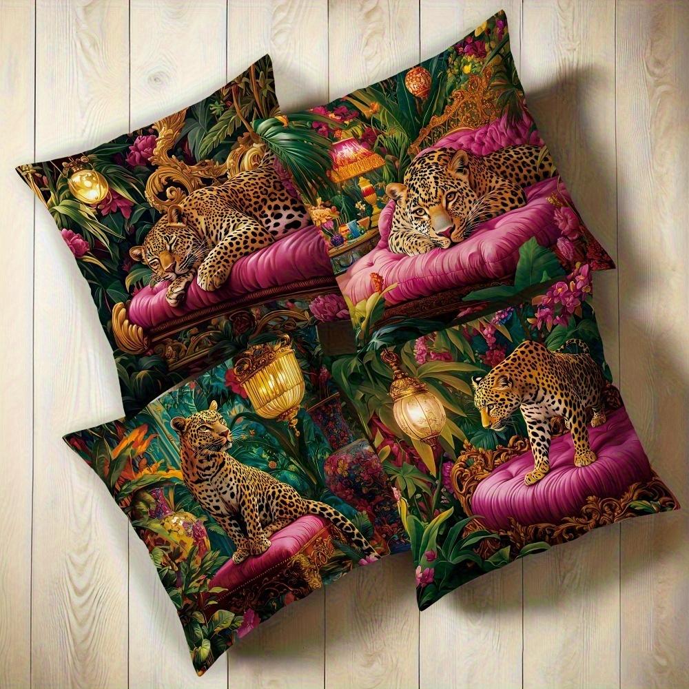 TEMU Set Of 4 Luxurious Leopard Print Jungle Plush Pillow Covers Featuring Vibrant Tropical Patterns With Pink Cushions And Golden Designs, Machine