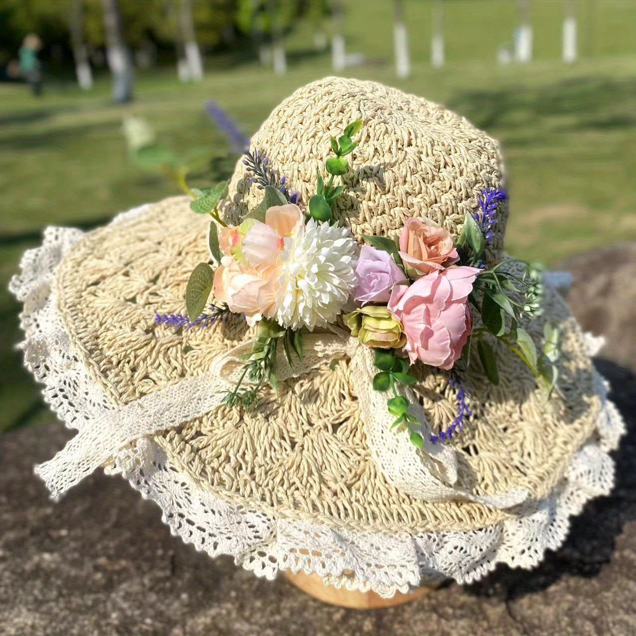 ladies handmade crochet rose straw hat wide brim summer - Temu