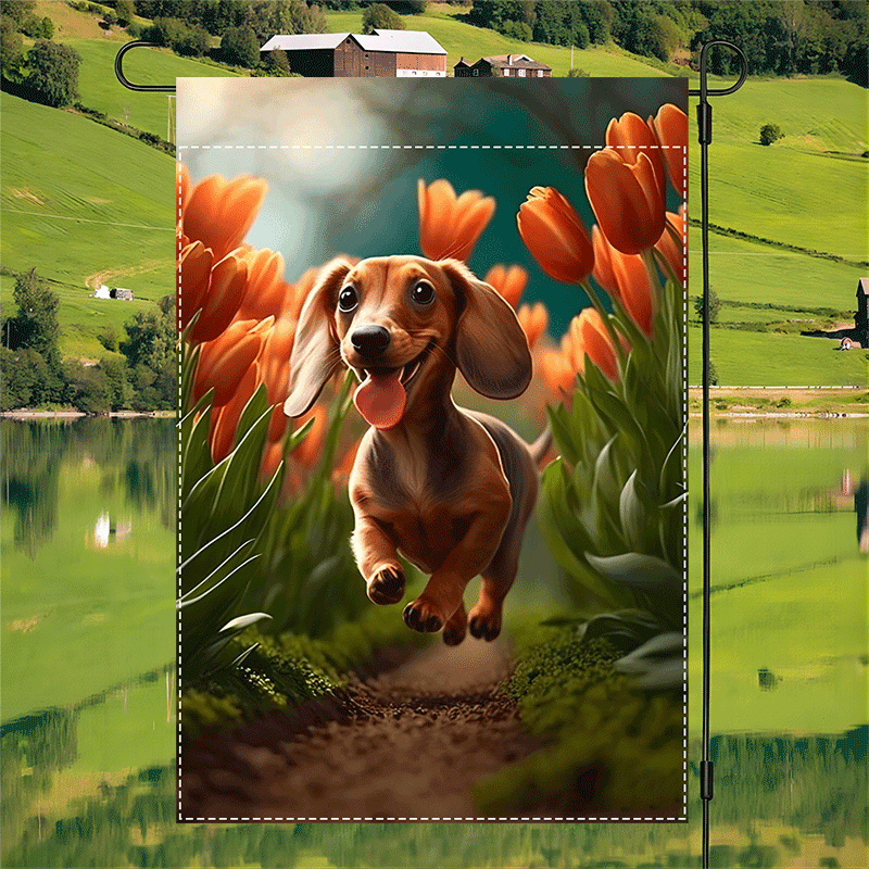 

1pc Happy Dachshund Flag - Double-sided Waterproof Burlap, 12x18 Inch, Vibrant Outdoor Welcome Home & Yard Decor With Leaping Dachshund & Orange Tulips Design