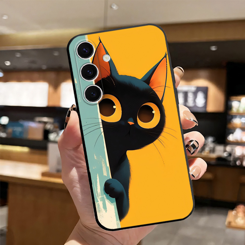 TEMU Cute Cat Cartoon Black Matte Phone Case For For Galaxy A06 A05 A55 A35 A15 A25 A05s A56 A16 A36 A26 A54 A34 A53 A33 A52 5g Protective Cover