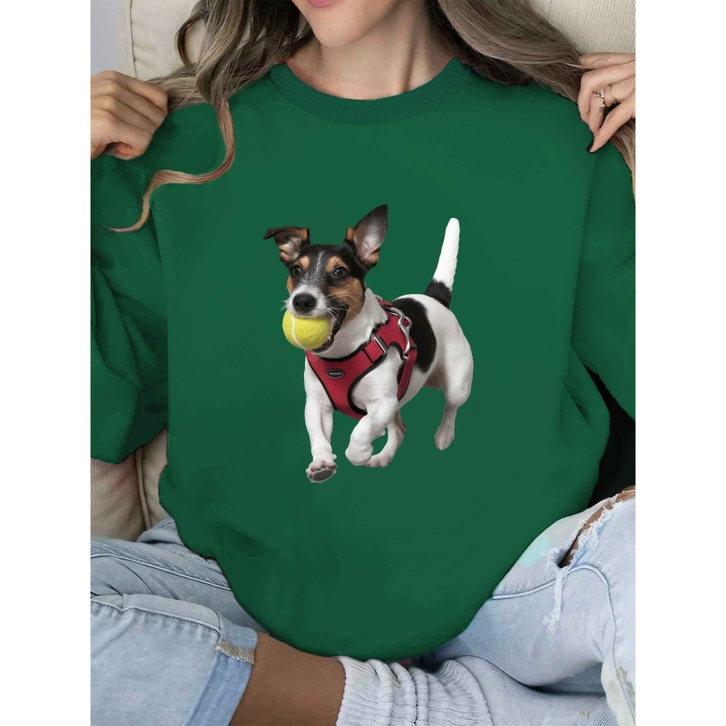 

Women's Jack Terrier Sweatshirt, Soft Polyester Crew Neck Casual Pullover With Tennis Ball Design, Knit Fabric Fall/ Top For Dog Lovers