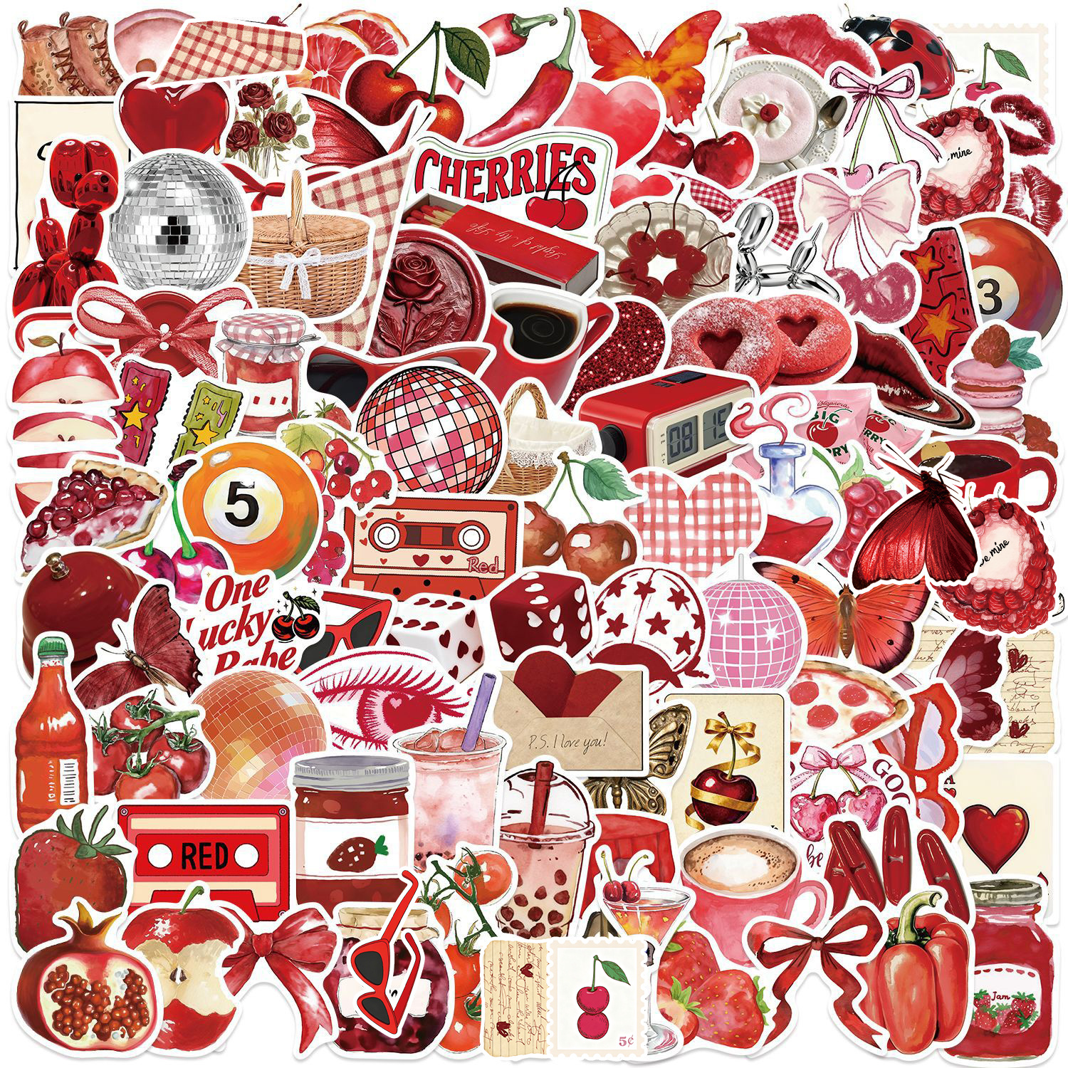 Image of 100pcs Red Cherries Y2k Downtown Retro Ins Graffiti Stickers Vintage Y2k Downtown Aesthetics 90s 80s Anime Funny Doodle Deacl Pack Christmas Decoration Suitcase Diy Luggage Party Gift