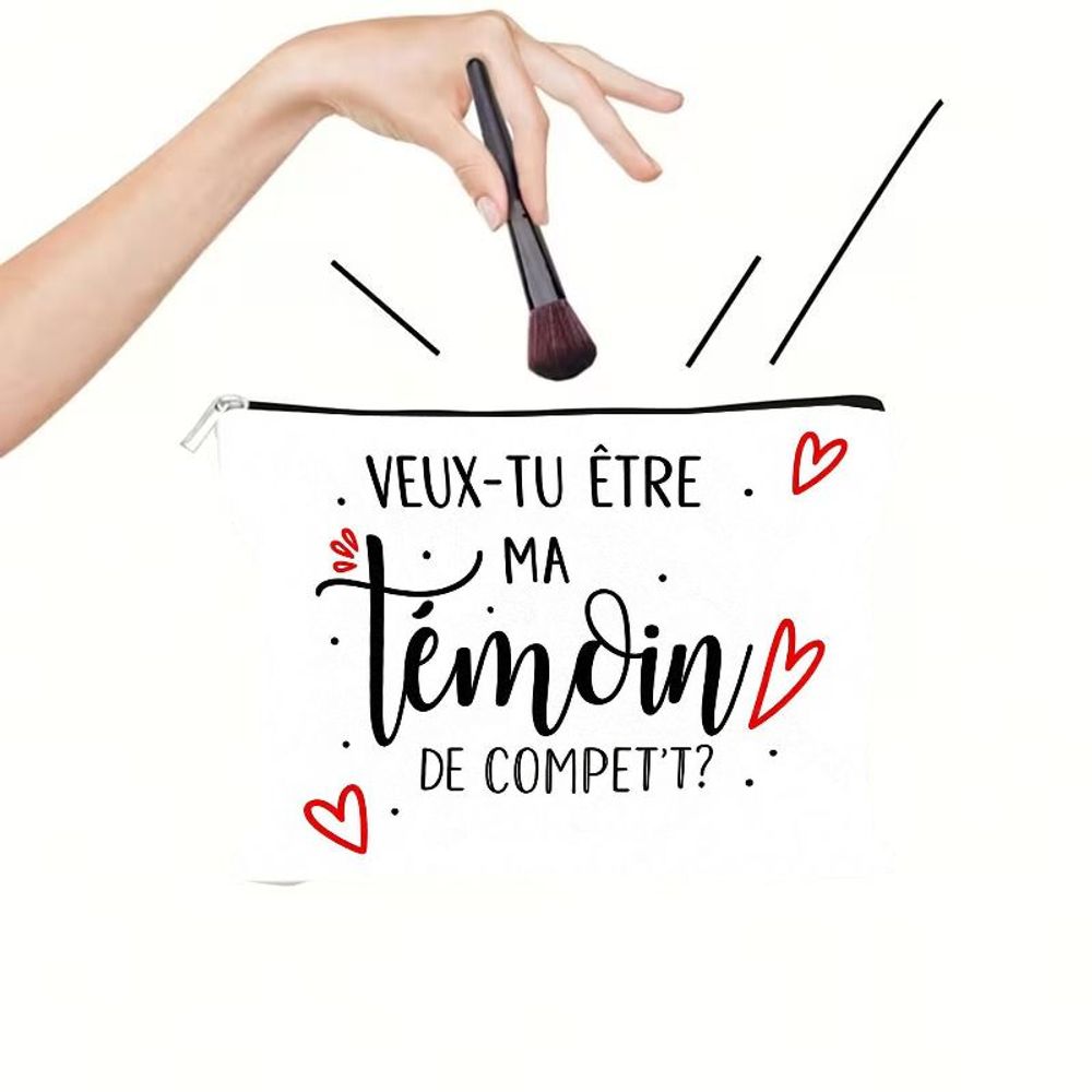 TEMU 1 pièce Trousse de maquillage de style français avec manuscrite "Témoin de mariage", adorable motif décoratif de cœur rouge, pochette de