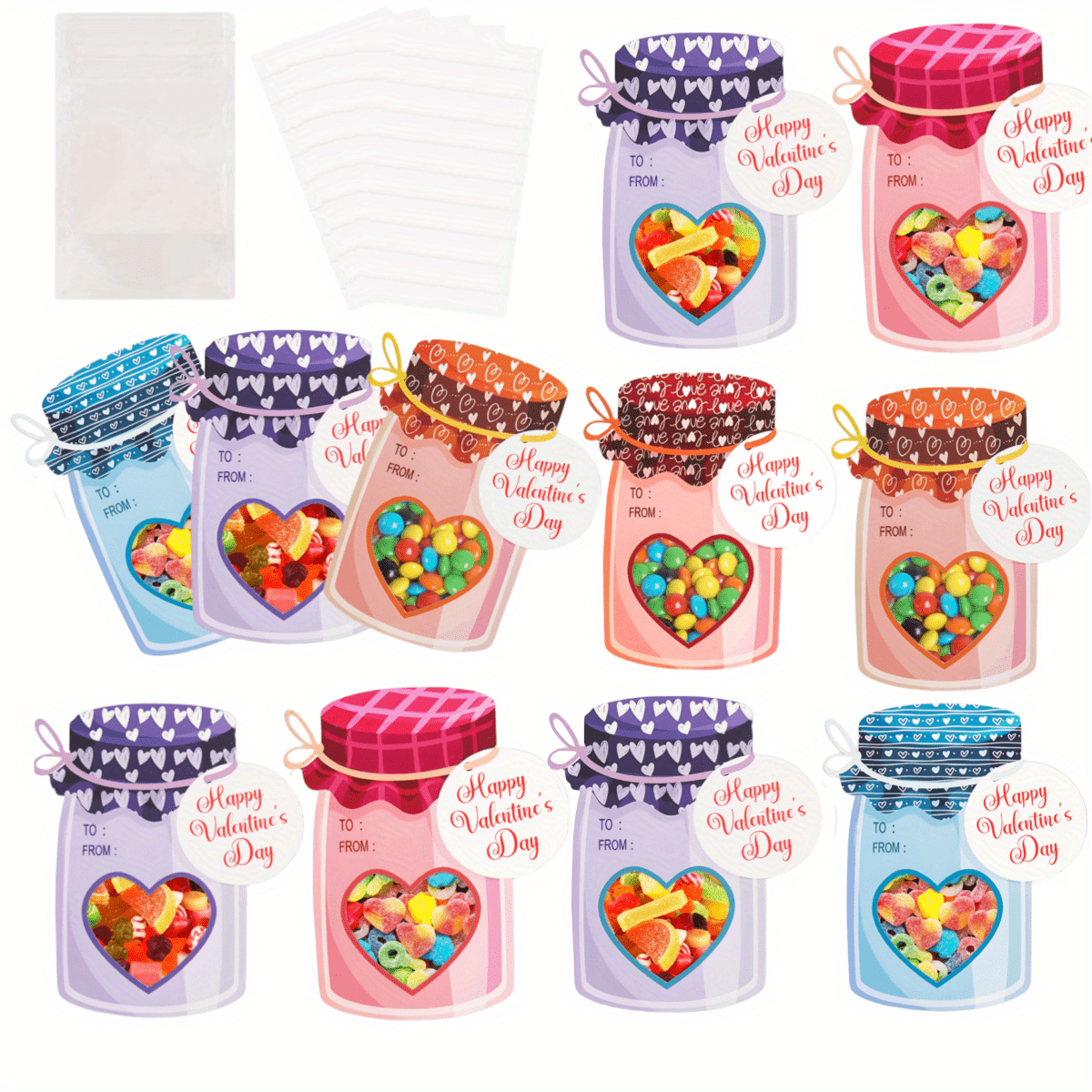 

48pcs Valentine's Day Gift Cards With Mason Jar Design - School Classroom Exchange, Diy Greeting Cards, Included, Happy Valentine's Day, Candy Bags