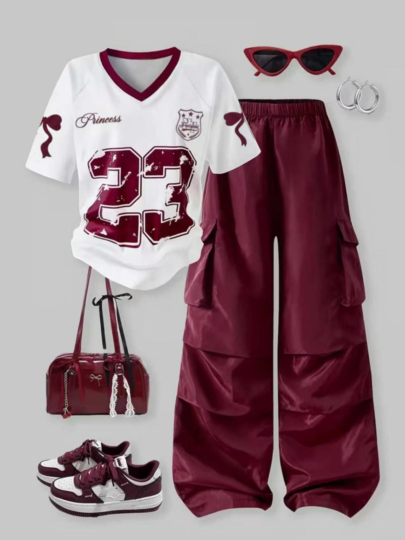 teen girls retro sporty 2pcs set cream v neck crop t shirt with burgundy contrast trim 23 graphic bow detail maroon baggy cargo pants skate park casual outing   daily wear kids clothes girls   teen girl clothes girls