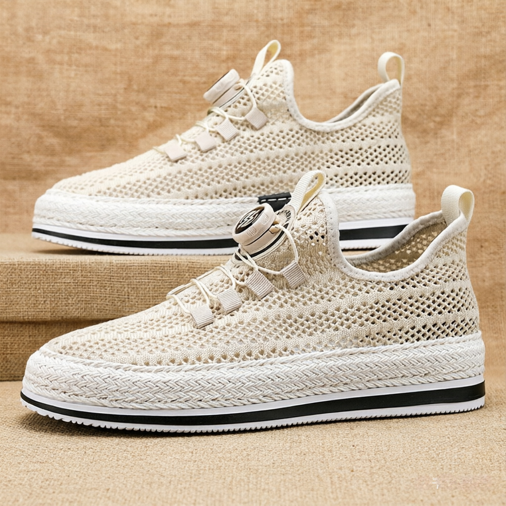 Men's Casual Shoes, Straw Woven Rotating Buckle Fisherman Shoes, Large Mesh Hollow-Out Skate Shoes, Breathable Slip-On Loafers for Men