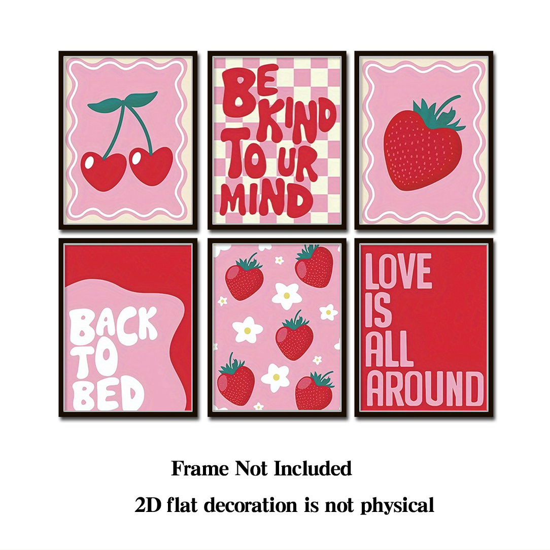 TEMU Plat 2D, Affiches de décoration murale plates 2D, cadre, Lot de 6, Affiches inspirantes avec des fraises roses et des cerises, Parfaites pour