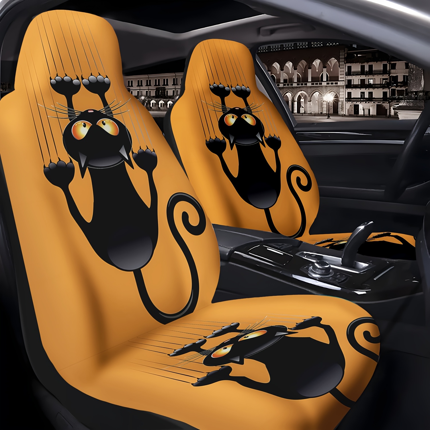 Image of 2pcs Cute Black Cat Scratch Pattern Car Seat Covers, Suitable For Front Seats, And Clean, , Thickened Durable For Cars, Suvs, Trucks, And Sedans