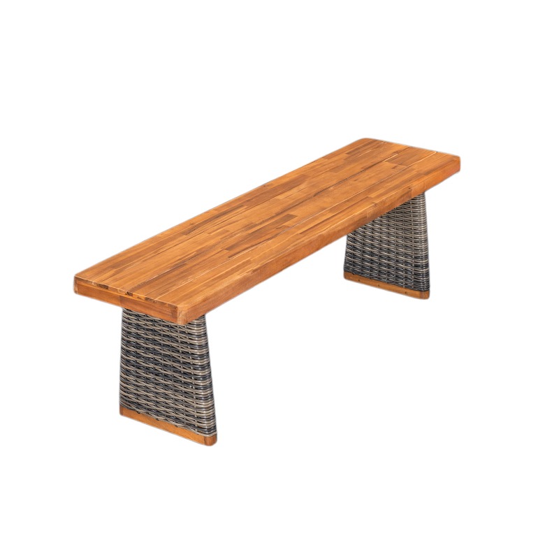 Outdoor 1pc Acacia Wood Bench, Teak Finish+ Grey Wicker