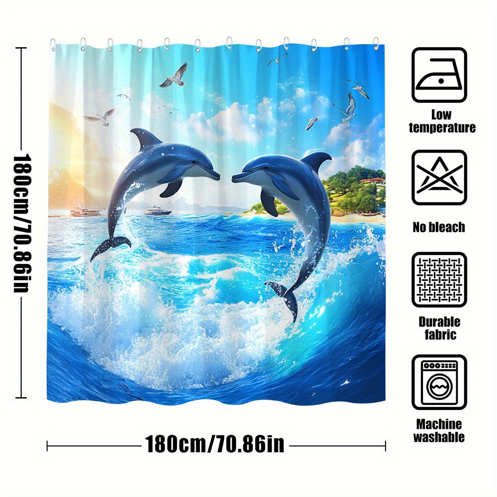 Dolphin Landscape Shower Curtain with Hooks, Animal Theme Decor