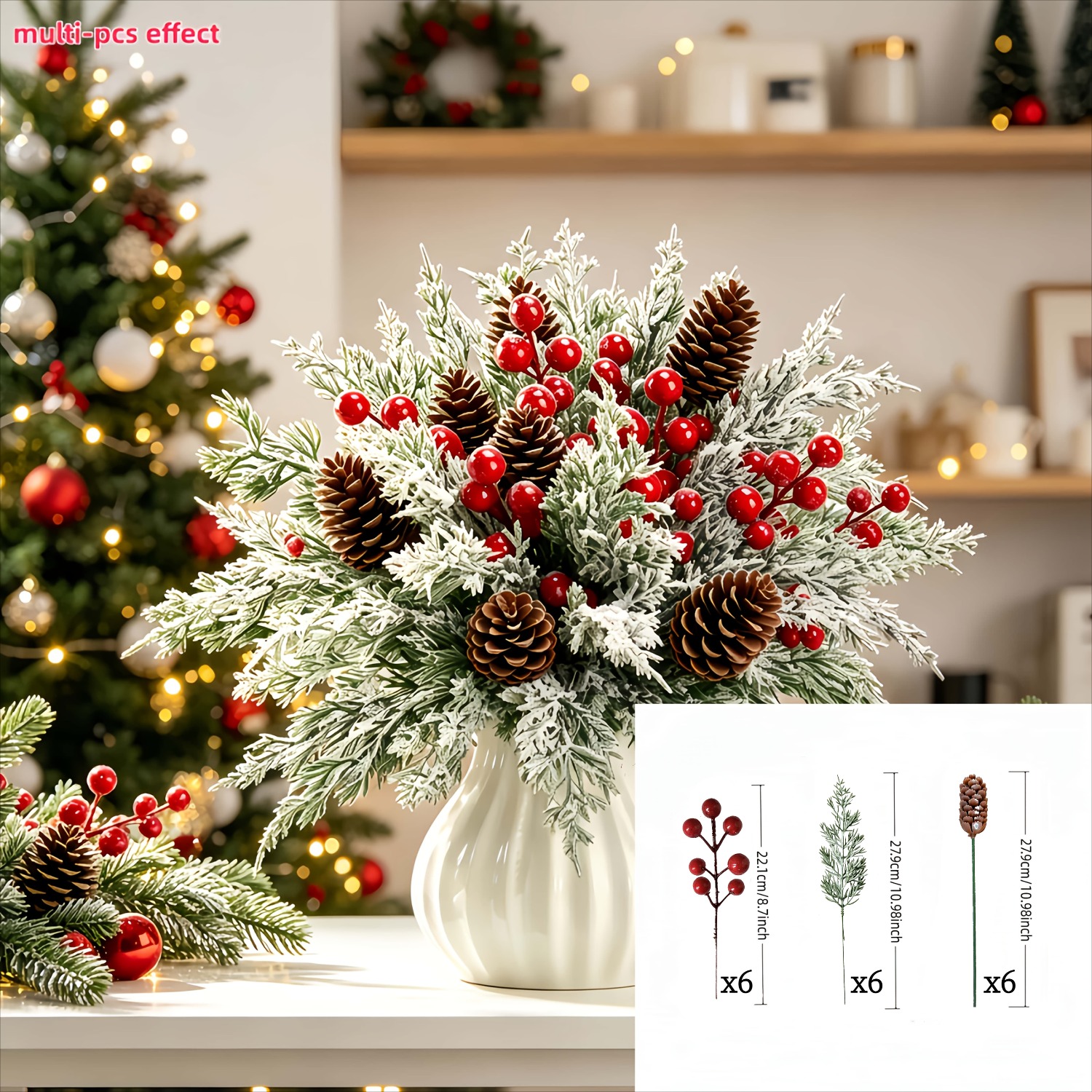 TEMU 18pcs New Christmas Artificial Floral Arrangement, Lifelike Texture, For Christmas, Halloween, Diy Decoration, , Vase Floral Arrangements For