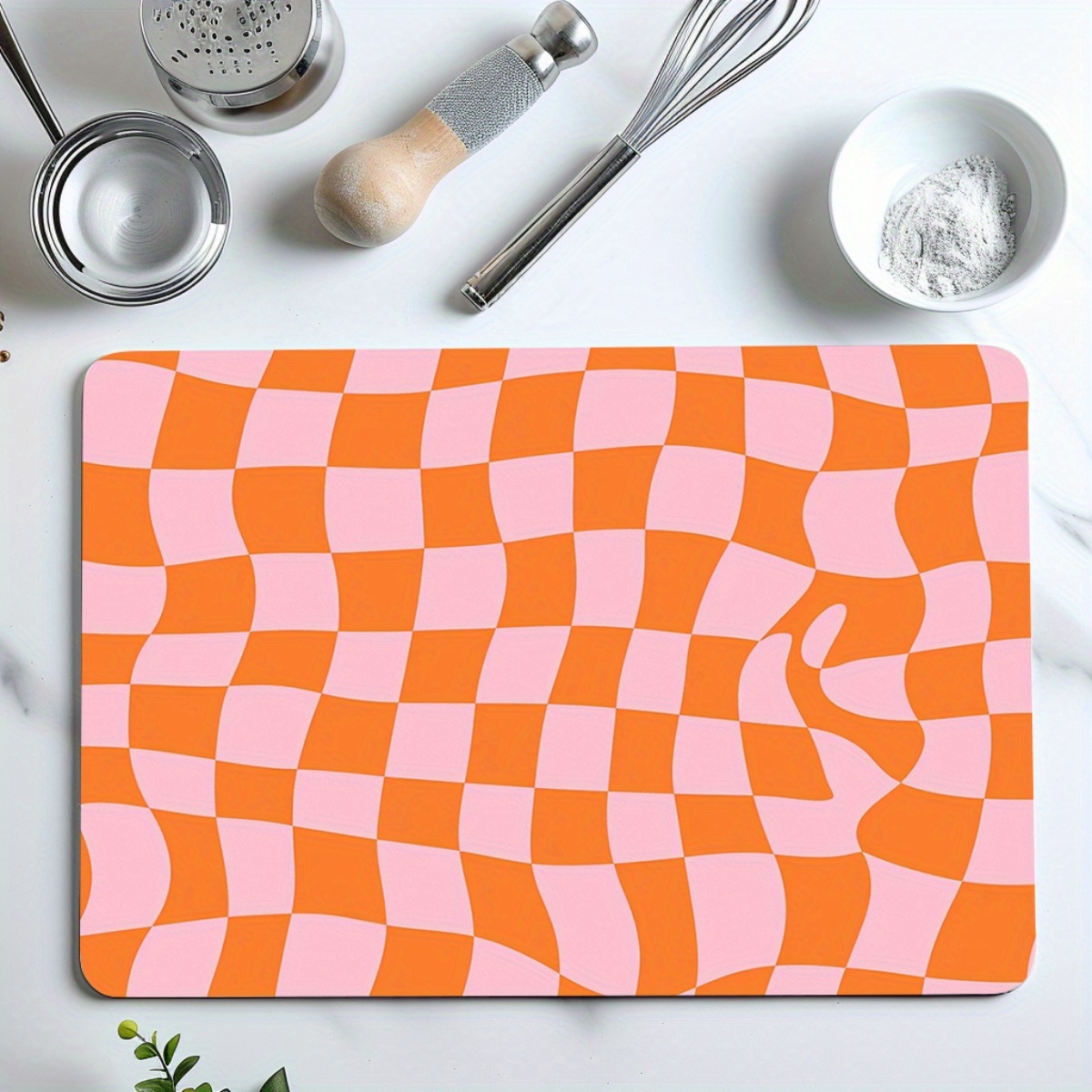 1pc Pink And Orange Checkered Retro Style Non-slip Kitchen Absorbent Draining Mat Absorbent Coffee Dish Drying Mat Quick-dry Bathroom Drain Pad