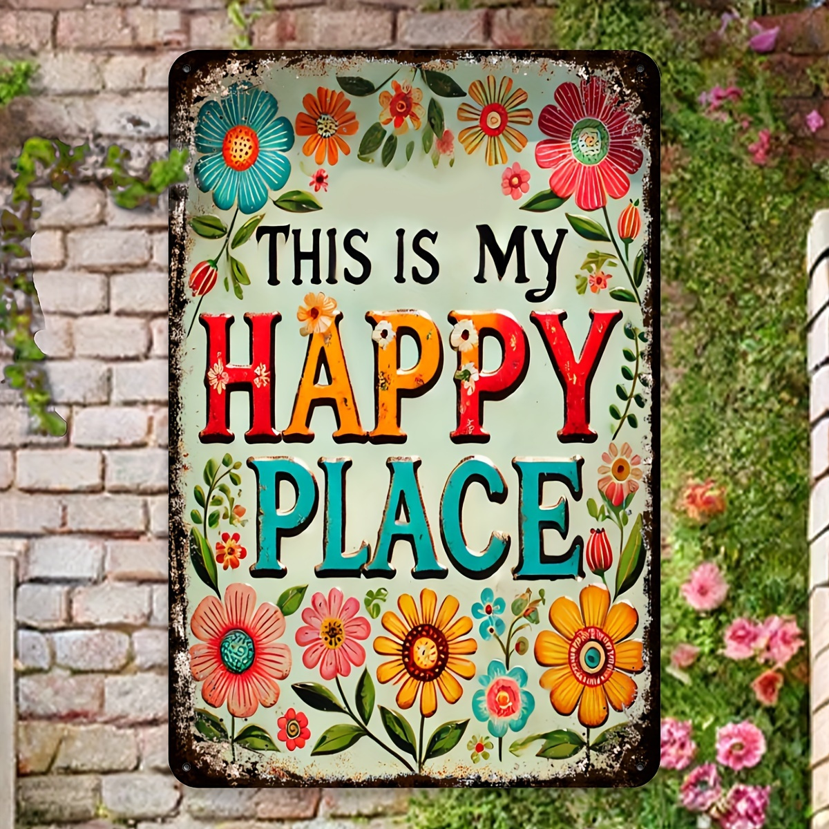 E-shop 2D Flach - 1 Stück Rustikaler Blumen "Dies ist mein glücklicher Ort" Willkommensschild, 8x12 Zoll - Vintage Metallwanddekoration für Zuhause und