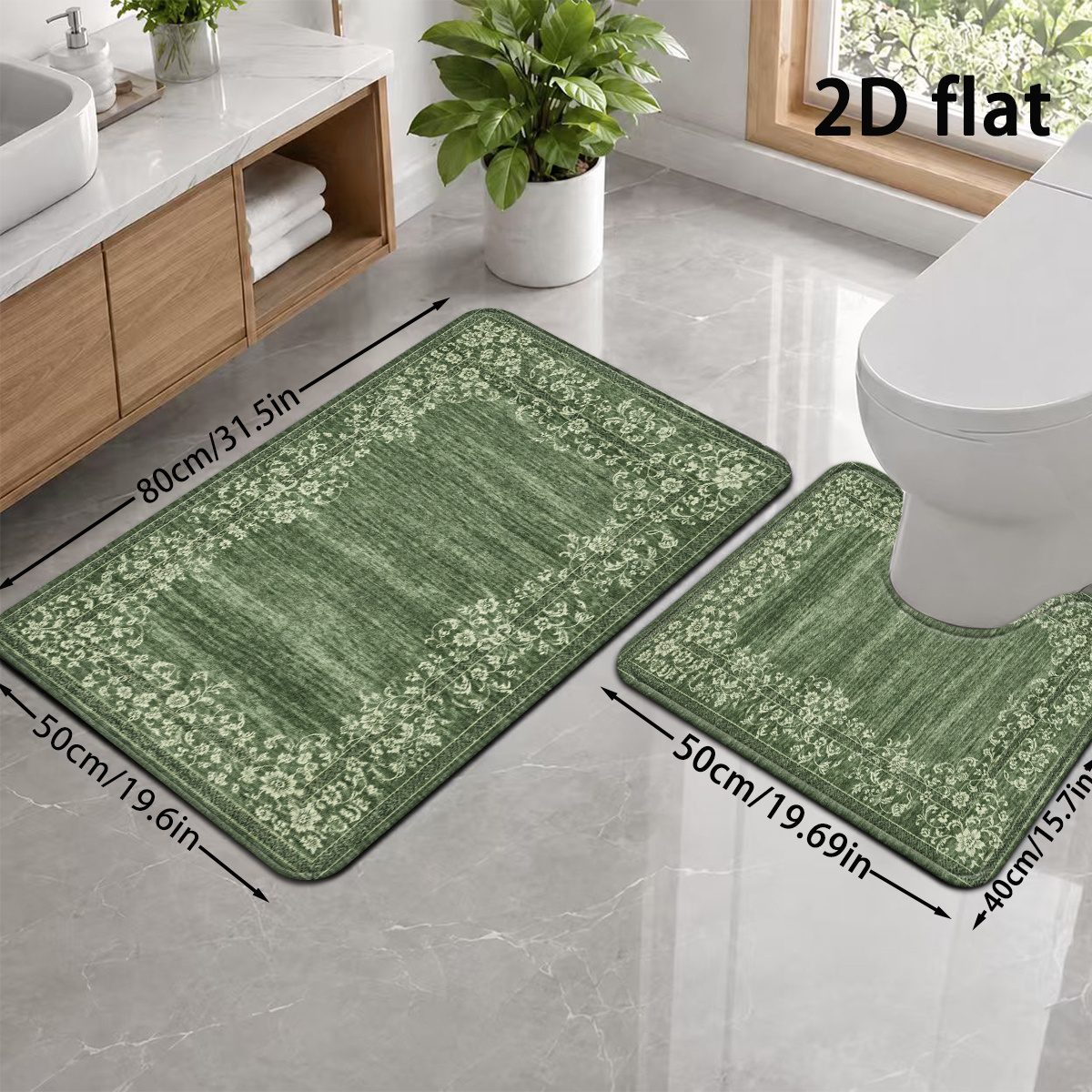 TEMU 2d Flat, 2d Flat 2pcs Vintage Green Floral Vine Bathroom Set, Bohemian Pastoral Holiday Themed Home Decor Shower Mat, Entrance Door Absorbent