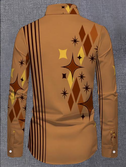 heren overhemd in karamelbruin met geometrische starburst-print, vintage trend overhemd met lange mouwen en
