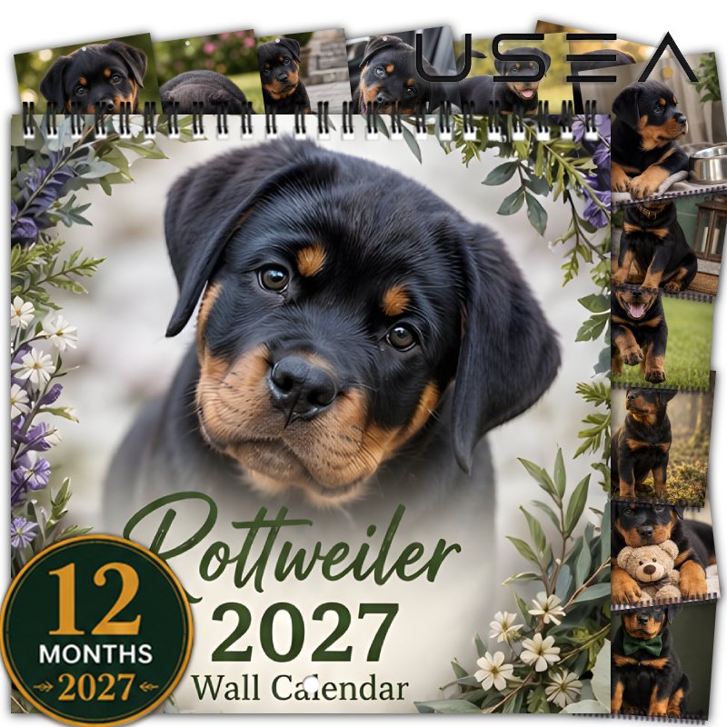 TEMU 2027 Wall Calendar,2027 Rottweiler Puppy Wall Calendar 12 Month Yearly Organizer 8.3x8.3 Inch Hanging Calendar Twin Wire Spiral Binding Large