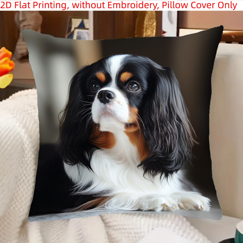 TEMU 1pc, 2d Flat Printing, King Charles Spaniel Dog Print Pillowcase, Retro Pet - Themed Cushion Cover, Single-sided Printing, Without Embroidery,