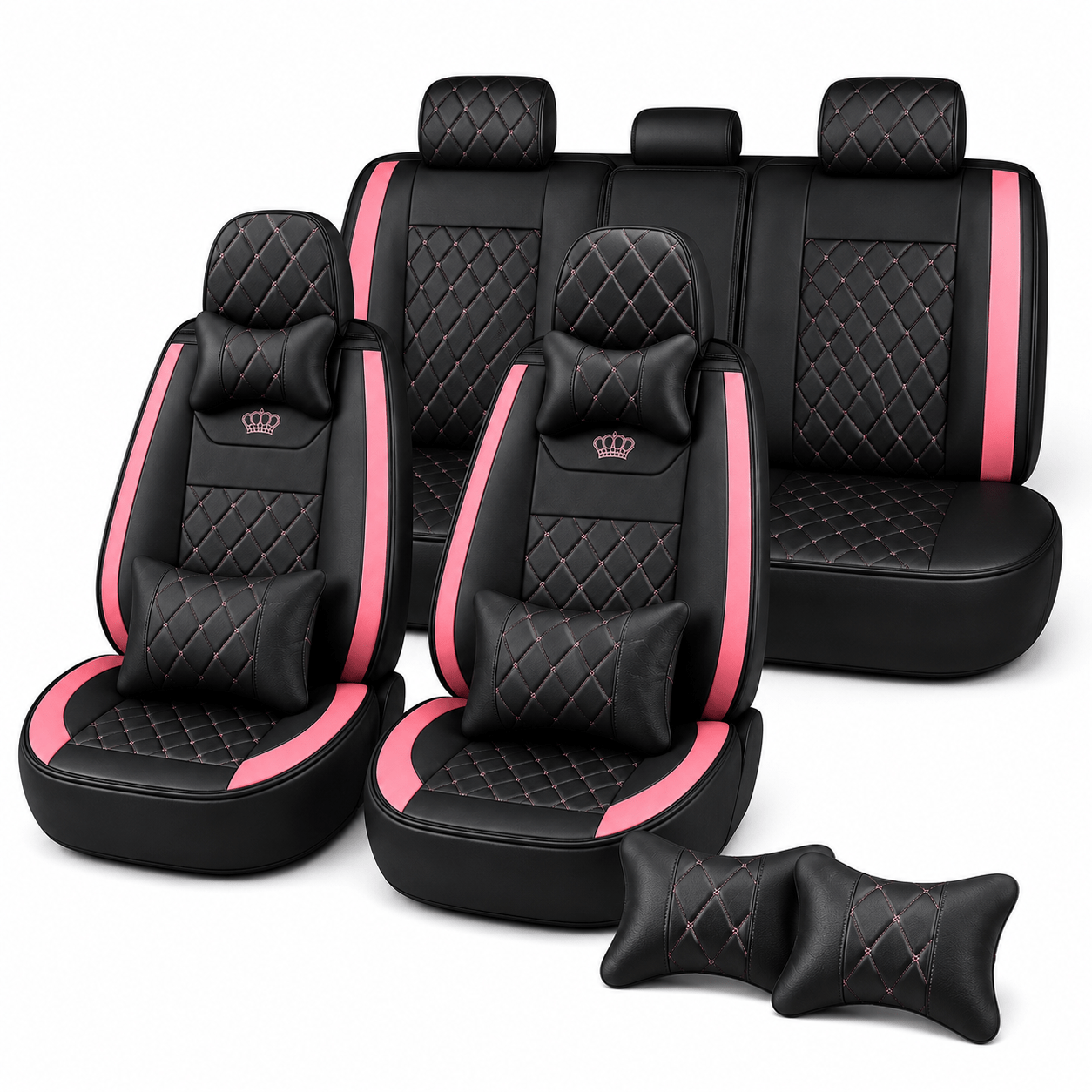 Image of 5pcs Black And Pink Diamond Quilted Car Seat Covers With Crown, Full Set Front And Rear Seat Covers And 2 Headrest Pillows And 2 Lumbar Pillows, Faux Leather Universal -seater Cars