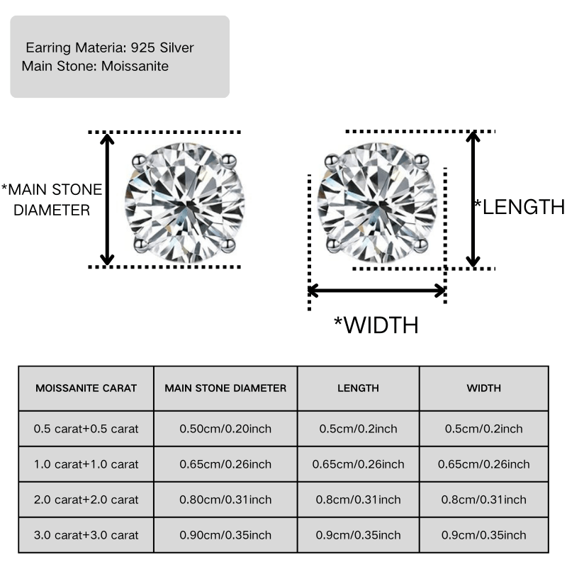 Women's 0.5/1/2/3 Carat Moissanite Four-Prong Stud Earrings