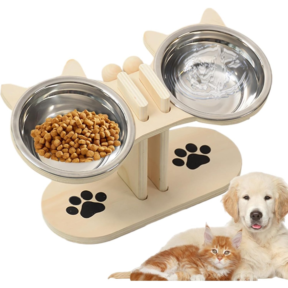 Image of Set Of Pet Feeding Bowls Made Of Stainless Steel, Featuring , Adjustable Height, A 15° Incline For Neck Support, Easy To Clean, And Cute And Functional