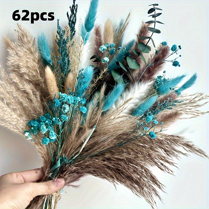 TEMU 62pcs Bohemian Wedding Home Decor Bouquet - Beige, Blue, Brown, Teal With Bunny Tail Grass Dried Flower Arrangement - Sturdy Centerpiece, No Power Required, Easy To Care For Wedding Flowers