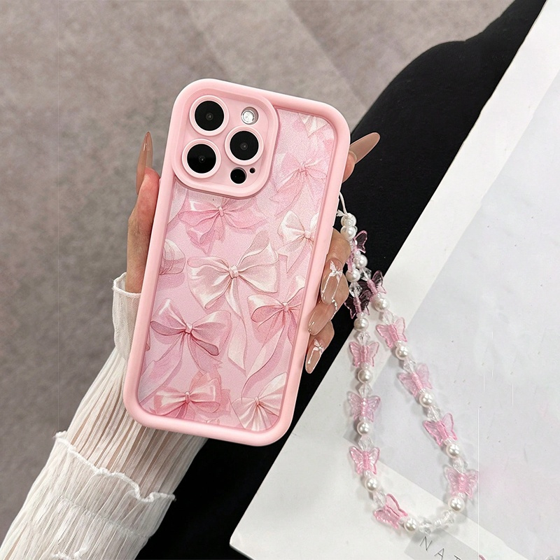 

1 Cute Bow Color Brushed Chain Painted Pendant Chain Protective Case, A Full Protective Pink Mobile Phone Case And A Pink Bracelet, For Iphone 14/ Pro/15 / 11 Full Coverage Protective Case