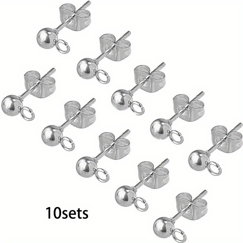 TEMU 10 Sets Hypoallergenic Stainless Steel Earring Studs With Ear Nuts And Ball Studs For Earring Making Diy, 15x7mm, Ball 5mm