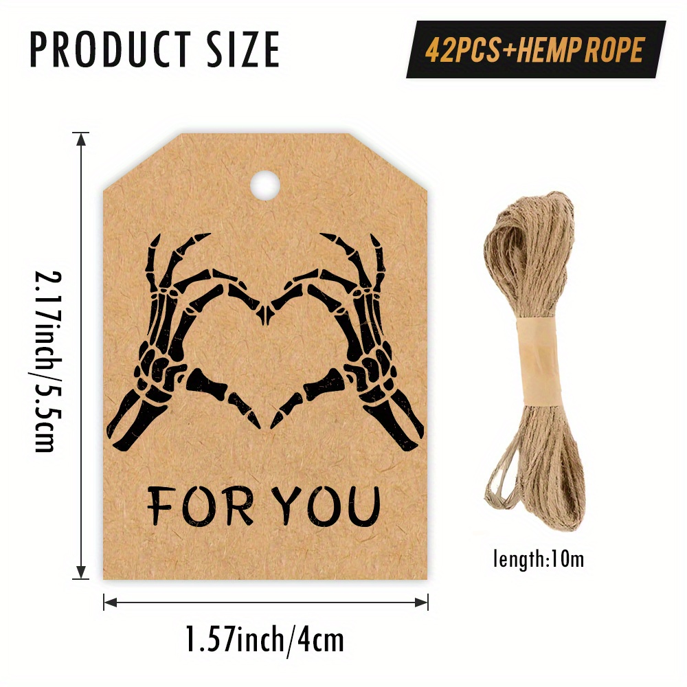 TEMU 42 étiquettes en papier avec corde de chanvre, conçues avec des mains de squelette une de cœur, idéales pour des cadeaux sur le thème gothique,