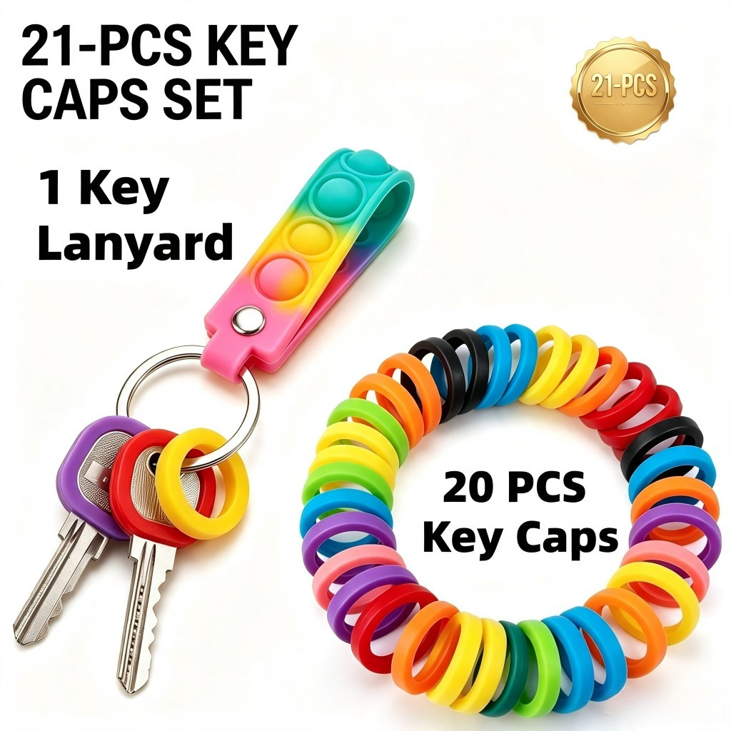 TEMU 21pcs Key Organizer Set 1pc Key Lanyard Plus 20pcs Silicone Key Caps Stretchable Silicone Key Covers For Identification Quiet Key Ring Kit For
