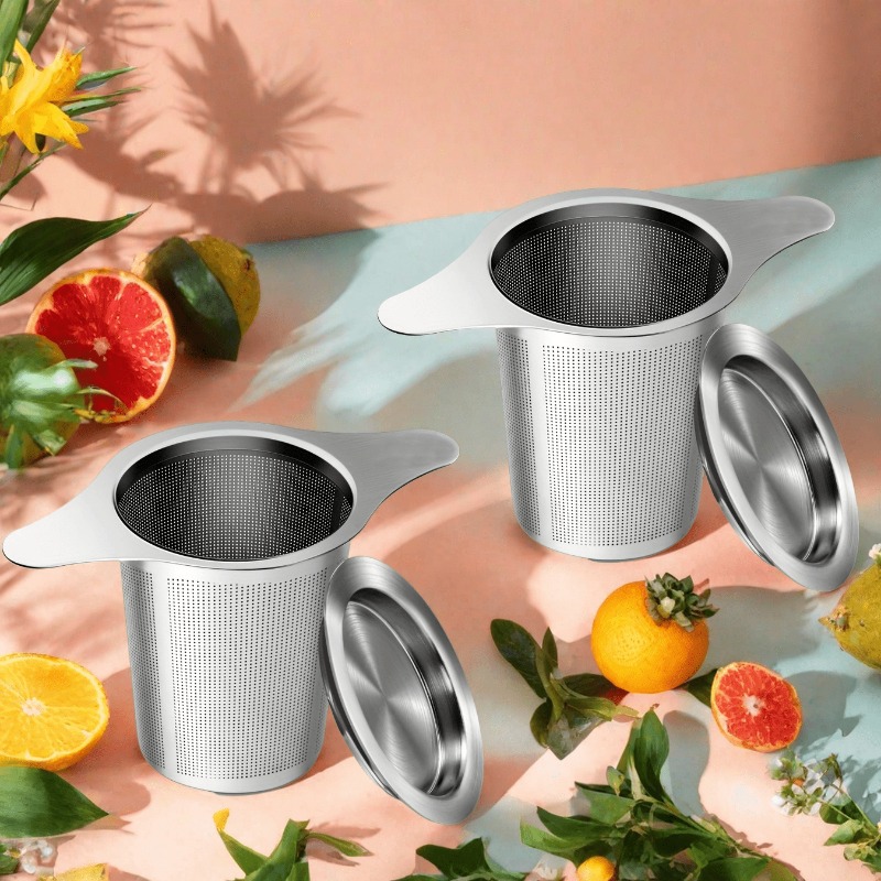 E-shop 2/4 Stück Tee-Einmachbecher aus Edelstahl mit Doppelgriffen - Robuster Netzfilter, geeignet für lose Teesorten, Kräuter und Gewürze,