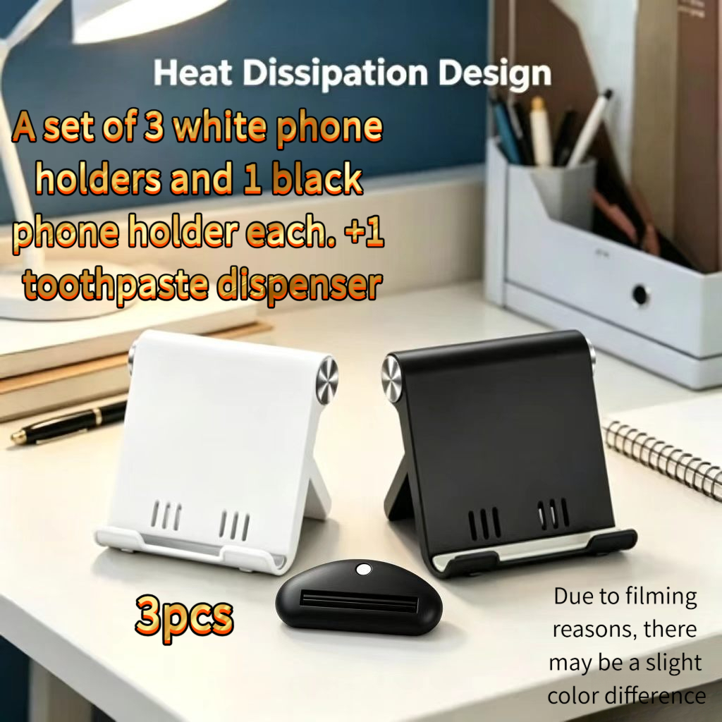 TEMU 3pcs Set: Desktop And Bedside Phone Holder (1 Black, ), Foldable, Plus 1 Toothpaste Dispenser And Lazy Stand. Universal Adjustable Angle Phone