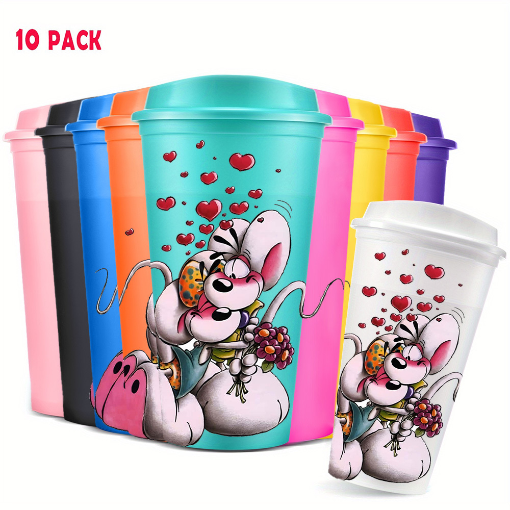 TEMU 10pcs, ': Cute Mouse Holding Flowers Plastic Cup 16oz Transparent Plastic Water Bottle With Lid, Festival Party Gift, Transparent, Perfect For