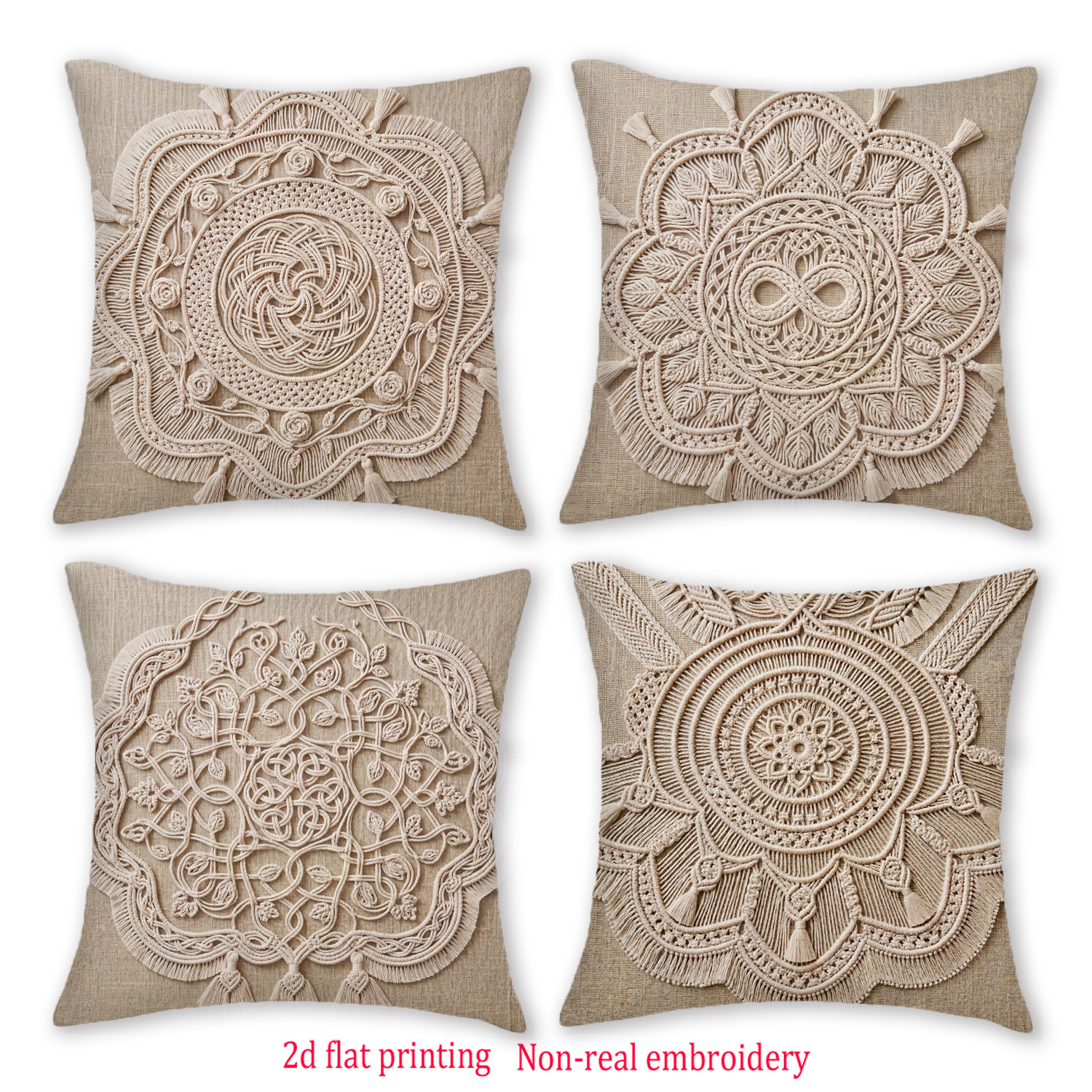 TEMU 2d Flat-4pack Bohemian Macrame Style Throw Pillow Covers, 2d Graphic Printing, Non-real Embroidery, Suitable For Modern Fabric Sofas,