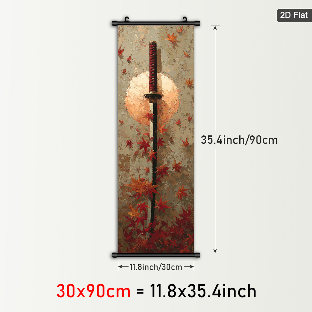 TEMU 2d Flat, 1pc Japanese Sword Scroll Wall Art Framed - Vertical Hanging Scroll Painting With Plastic Frame & Hanger, Minimalist Retro Traditional