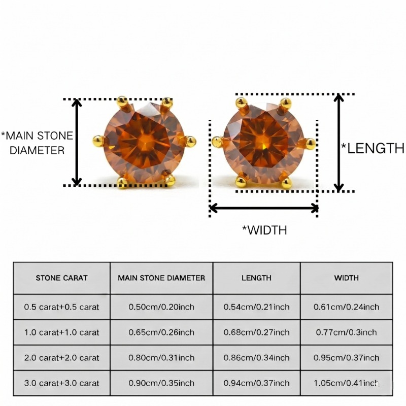 Women's 0.5/1/2/3 Carat 925 Silver Orange Moissanite Stud Earrings