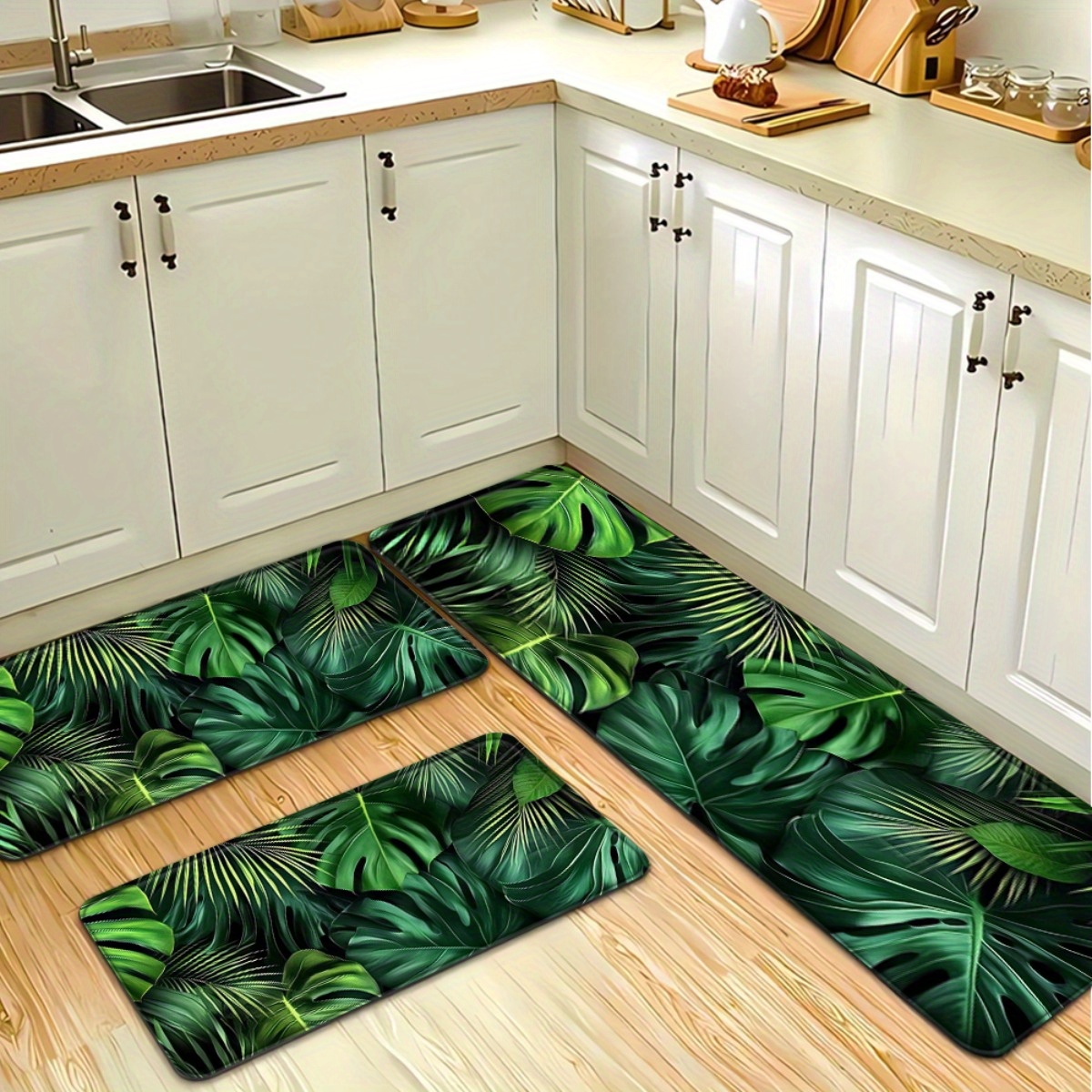 TEMU 2/3pcs, Green Tropical Leaf Kitchen Mat Set - Non-slip Absorbent Rugs For And Stylerug, Carpet, , Soft And Comfortable, Anti Slip And Water