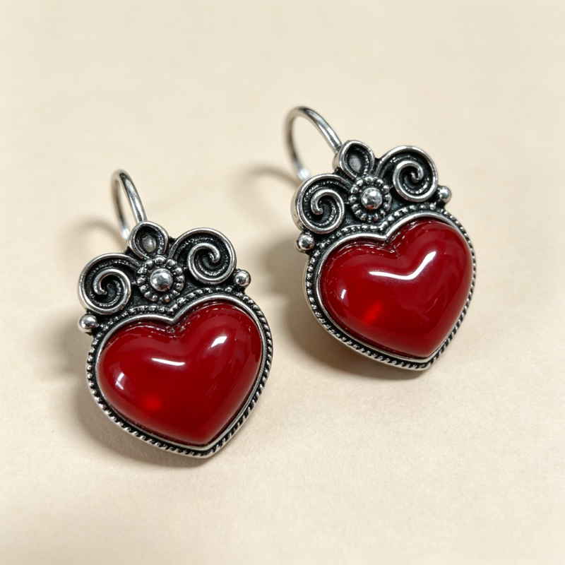 TEMU 1 Paire de Boucles d'Oreilles Crochet Cœur Rouge Rétro, Boucles d'Oreilles Pendentifs Floraux Rétro Plaqué Argent, Boucles d'Oreilles Pendentifs