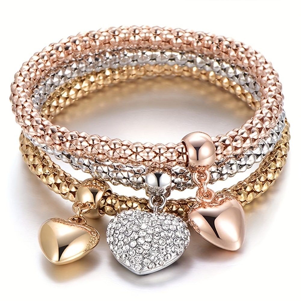 3pcs Women's Metallic Style Bracelet Set With 3 Heart Pendants, Stretch Corn Chain, Stackable, Autumn/winter Accessory, New Year Gift, Valentine's Day Gift