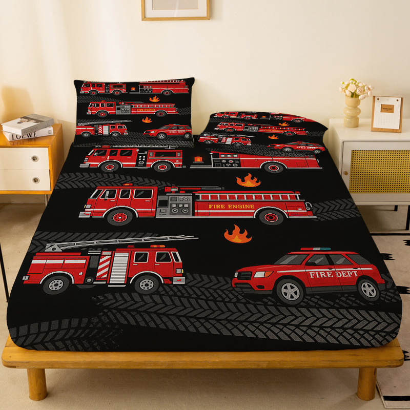 TEMU 1pc Truck And Fire Suv Pattern Fitted Sheet, Single Deep Pocket Fitted Sheet Only, No Pillowcases, Washed Soft Fabric, Skin-friendly And